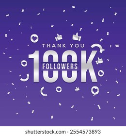 Elegant Thank you 100k followers design with confetti on a purple background. Perfect for social media banners, milestone celebration posts, or community engagement templates. achievement post.