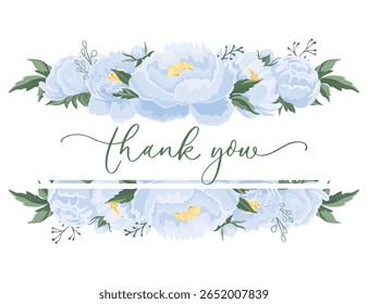 Elegant thank you card with beautiful blue peonies, perfect for expressing gratitude, featuring detailed floral artwork and soft botanical elements
