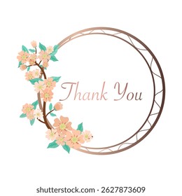 Elegant thank you card design with a round floral frame decorated with pastel cherry blossoms and green leaves. Perfect for greeting cards, invitations, wedding stationery, and social media posts.
