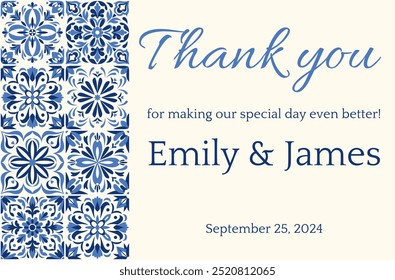 Elegant thank you card featuring Mediterranean floral patterns in navy blue and white. Ideal for weddings and events. Inspired by Portuguese tiles, ornate damask frames, and Moroccan ceramics.