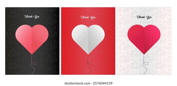 Elegant Thank You Card with Heart Balloon – Romantic and Minimalist Greeting Card Design for Love, Appreciation, and Special Occasions. Featuring a Stylish Paper Cut Heart on Black, Red, 