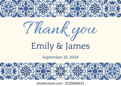 Elegant thank you card with Mediterranean blue and white floral patterns. Ideal for weddings, events. Portuguese tiles, ornate damask frames, and Moroccan ceramics. Azulejo Invitation Template.