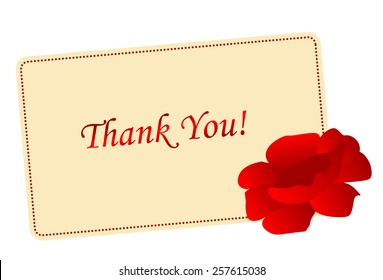 Elegant thank you card / note with a beautiful red rose on corner illustration isolated on white