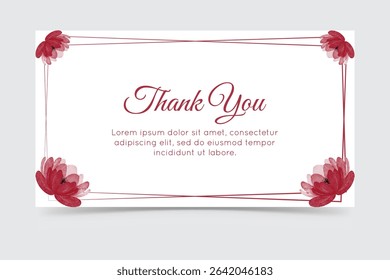 Elegant thank you card with red floral corners and classic frame on white background