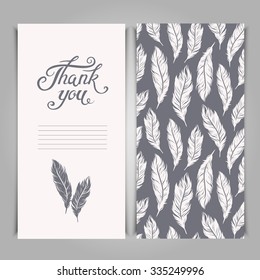 Elegant Thank You card template with silver feathers symbols.