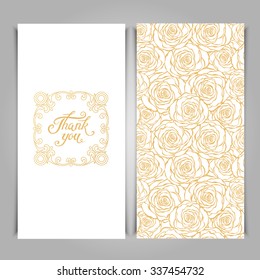 Elegant Thank You card template with golden seamless floral pattern