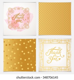 Elegant Thank You card templates with pink seamless patterns.