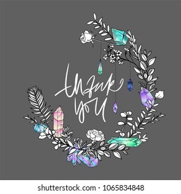 Elegant Thank you card. Thankee! Hand drawn boho sketch. Gems, flowers and feathers. Vector illustration. Phrase. Quote. Sketch wreath.
