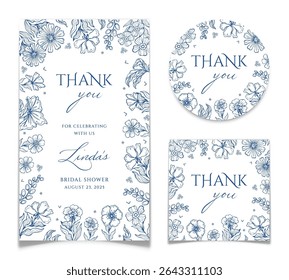 Elegant thank you favor card, tag and sticker in blue Toile de Jouy floral style. Collection of postcards with gratitude for bridal shower or wedding gift with hand drawn flowers. Vector illustration.