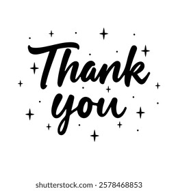 Elegant Thank you lettering in black calligraphy with decorative stars and circles on a white background. Perfect for greeting cards, appreciation messages, and thank you designs.