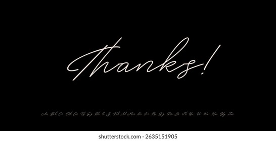 Elegant thank you message in delicate calligraphy style. Thin Thanks lettering for subscribers greeting card, headline text, logo, branding, font alphabet and social media design. Vector illustration.