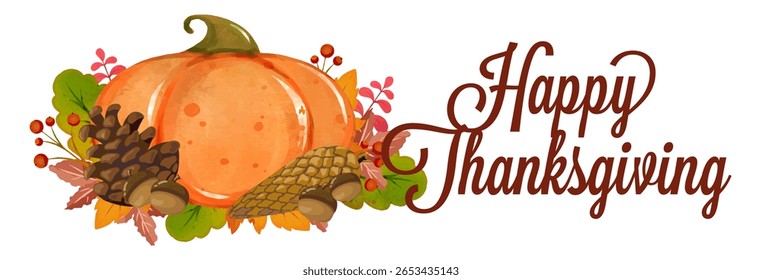 Elegante design com tema de Ação de Graças com uma abóbora laranja brilhante, pinecones, bolotas, folhas de queda, bagas e "Ação de Graças Feliz" em cursivo - perfeito para sublimação de alta conversão e sazonal 
