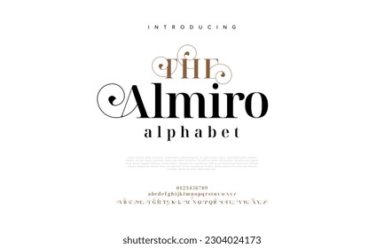 Elegantes Thealmiro-Alphabet Buchstaben Schriftart und Nummer. Classic Lettering Minimal Fashion Designs. Typografie moderne Serifenschriften dekorative Vintage Design Konzept. Vektorgrafik