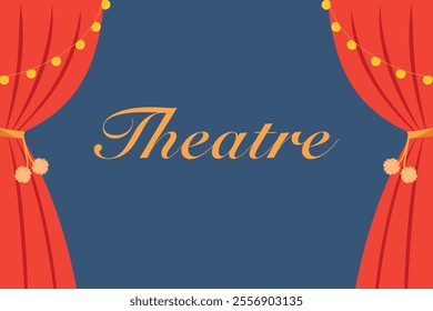 Elegant theater scene illustration with red curtains, golden accents, and the word Theatre on a blue background