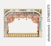 Elegant theater stage with ornate curtains, intricate gold details, and classic design. Theater stage with pink curtains, gold accents, and classic elegance. Vintage art drawing illustration vector.