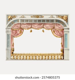 Elegant theater stage with ornate curtains, intricate gold details, and classic design. Theater stage with pink curtains, gold accents, and classic elegance. Vintage art drawing illustration vector.