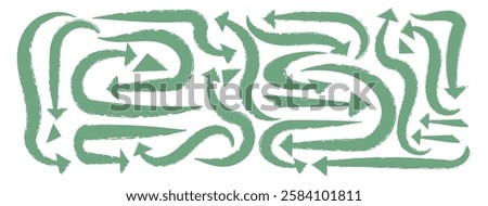 Elegant thick arrow symbol dynamic vector design. Curve brushstroke. Abstract organic shape. Pencil chalk crayon freehand element, handwritten sketch. Swirling scribble. Green textured paint stroke