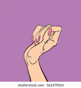 An elegant thin female hand with pink nails. Women's hand. Women's wrist. Pink nails. Concept idea of advertisement and promo. 