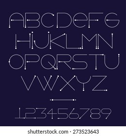 Elegant thin font with round elements, vector alphabet letters and numerals design. EPS 10