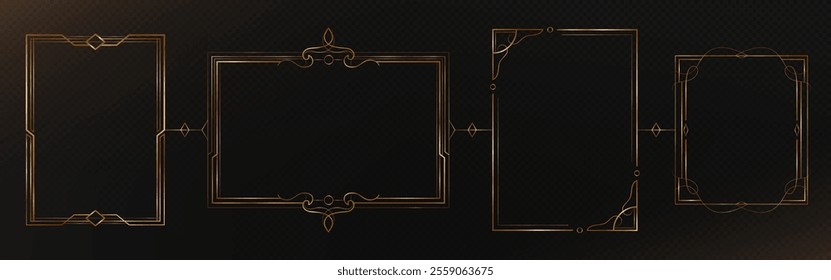 Elegant thin gold frames set. Geometric ornamental borders on black background. Luxury golden rectangular designs with delicate corner decoration, curved lines and floral motifs for invitations.