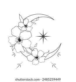 Elegante dünne Linie Mondblume Kontur Tattoo, florales spirituelles mystisches Element, Esoterische boho magische Illustration, Linie, Blätter und Türen Dekoration