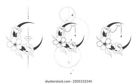 Elegant thin line moon flower contour tattoo, floral spiritual mystic element, Esoteric boho magic illustration, Line, leaves and dors decoration