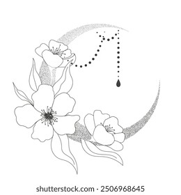 Tatuaje elegante del contorno de la flor de la luna de la línea delgada, elemento místico espiritual floral de la textura del grano, ilustración mágica boho esotérica, línea, hojas y decoración de los puntos