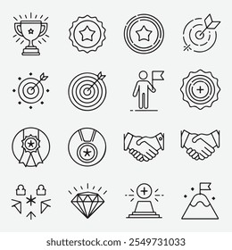 Elegant Thin-Line Business Achievement Icons - Trophy, Star Badge, Bullseye, Medal, Deal, Diamond, Mountain Flag
