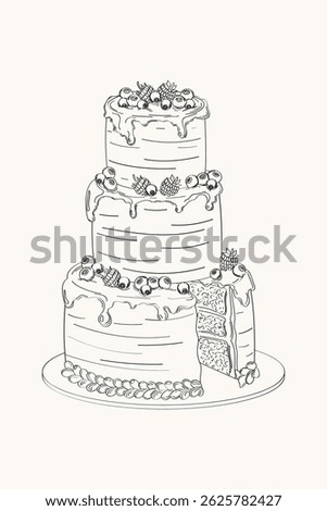 Elegant three tier cake with berries. Hand-drawn vector illustration in the style of pencil sketch .Sketch congratulations, poster, invitation in retro style.Line art. Vector illustration