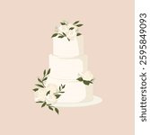 Elegant three-tier white wedding cake adorned with white roses and green leaves. Floral wedding cake with roses and leaves. Classic wedding cake design. Vector illustration.