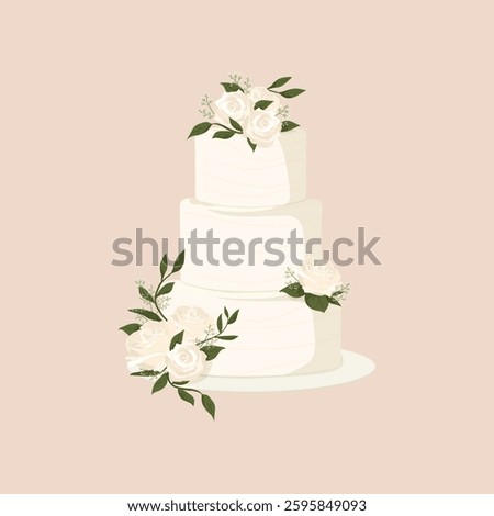Elegant three-tier white wedding cake adorned with white roses and green leaves. Floral wedding cake with roses and leaves. Classic wedding cake design. Vector illustration.