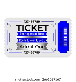 Modelo de design de tíquete elegante, admitir um, porta abre, sala, linha, conjunto, ilustração vetorial, azul, preto e cinza cores design. Ingressos para cinema, filme, show, festival, eventos, concerto e outros