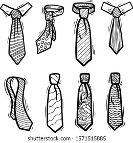 Elegant ties hand drawn silhouette illustrations set. Formal wear, official attire accessories pack. Stylish neckties with patterns monochrome design elements. Various neckclothes with knots