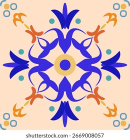 Elegant tile design with a beige background, featuring bold blue floral motifs, orange accents, and geometric details. Perfect for ceramic, wall, or floor decoration. EP01