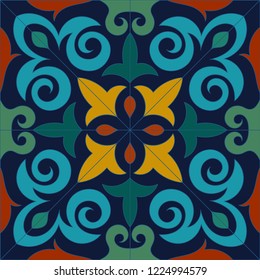 Elegante mosaico de mosaico cerámica sin fisuras diseño a mano azul marino azul oscuro azul turquesa color naranja rojo elementos floral único 