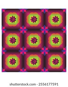 An elegant tile pattern showcasing purple and pink flowers with intricate details in a repeating arrangement.
