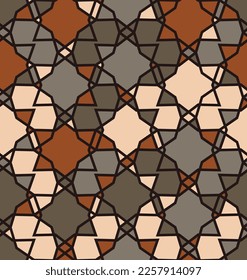 Elegante patrón geométrico sin costura. Reja negra organizada con inserciones beige, borgoña y gris colocadas al azar. Vector.