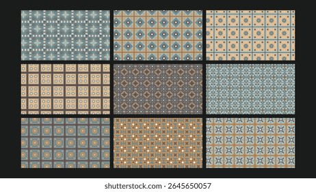 Elegant tile-inspired background design with ornamental grid layout, soft earth tones, and artistic motifs for classic interior-themed projects and digital
