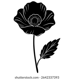 Elegant and timeless, this black and white floral illustration showcases a delicate poppy flower in full bloom. 