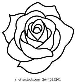 Elegante y atemporal, esta sencilla ilustración de arte lineal en blanco y negro representa una hermosa flor de rosa en plena floración. Este dibujo de Vector presenta un delicado contorno de la flor floral