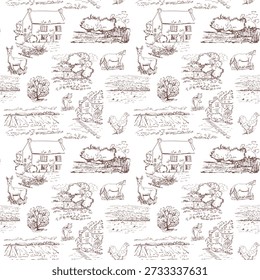 Elegant Toile de Jouy pattern with quaint cottages and picket fences