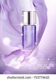 Elegant toner ads, cosmetic advertising with purple chiffon waving in the air illustration, sparkling and glittering elements