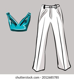 Elegant top with bow and white classic pants. Suit. Part of a basic wardrobe set. Clothing store, fashion. Isolated vector objects.