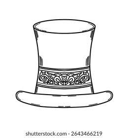 Elegant top hat with ornate band Vector. Hand drawn vintage magic show hat