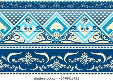 An elegant traditional aisa floral pattern featuring intricate blue and turquoise designs on a beige background. Perfect for use in textiles, wallpapers, and decorative projects.