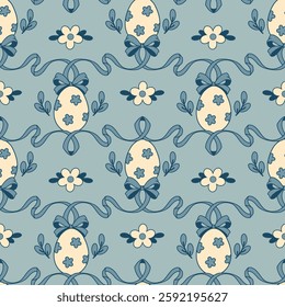 Elegant traditional Easter seamless pattern with decorative eggs, floral ornaments, and ribbons in a vintage coquette style. Soft blue tone. Timeless holiday background for textiles and home decor