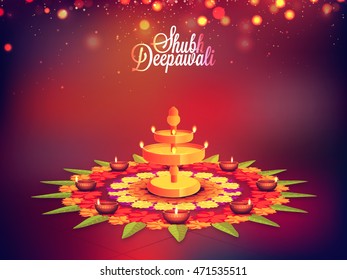 Elegante fondo festivo tradicional, creativo y bello rangoli con lámparas iluminadas, brillante ilustración vectorial para el Festival de Luces de la India, celebración Shubh Deepawali.