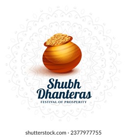 elegant and traditional happy dhanteras religious background with golden coin pot vector. Translation: Shubh Dhanteras, shubh means happy, dhan means wealth and teras means thirteen