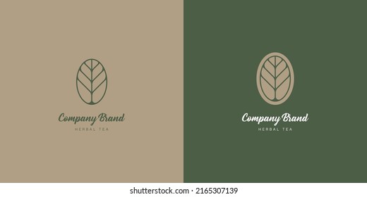 Elegant Traditional Herbal Tea Leaf Logo Template with Green and Brown background 