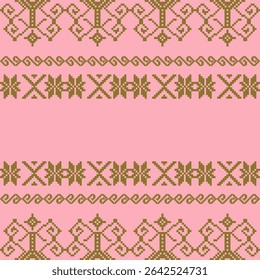An elegant and traditional Songket Padang textile pattern  geometric motifs in a warm golden-brown on a soft pink background. Classic Indonesian design symmetrical borders traditional weaving artistry